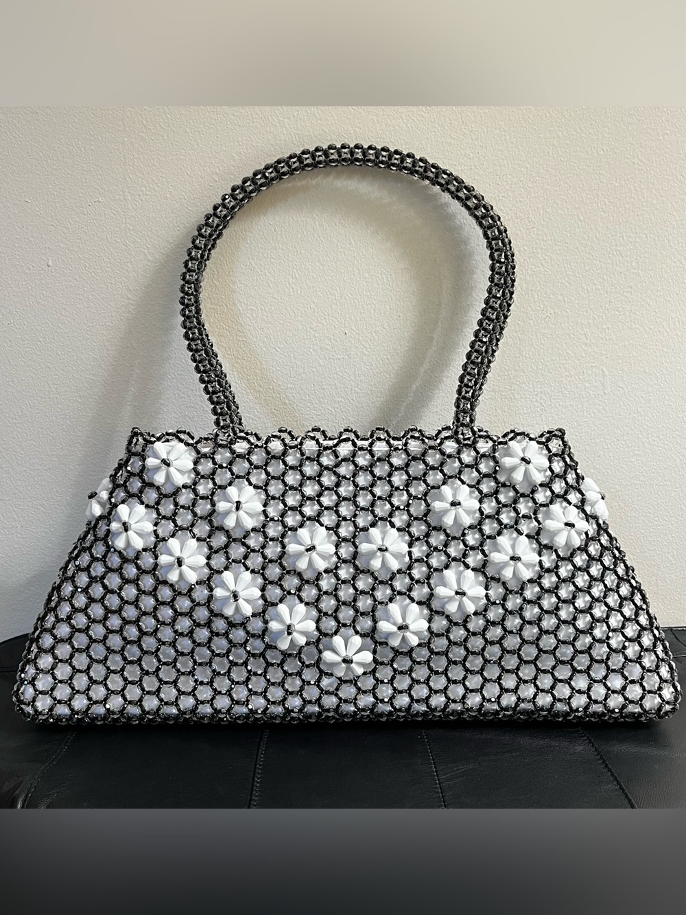 Vtg Y2K Oversized Black Beaded Daisy East-West Shoulder Bag